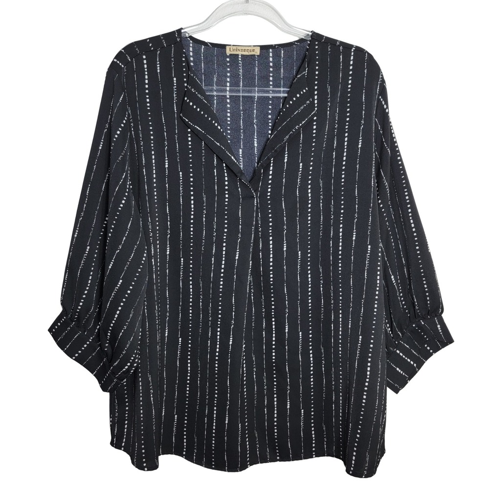 Unixseque Womens XXL Blouse Black White Dotted‎ Stripe V-Neck 3/4 Balloon Sleeve